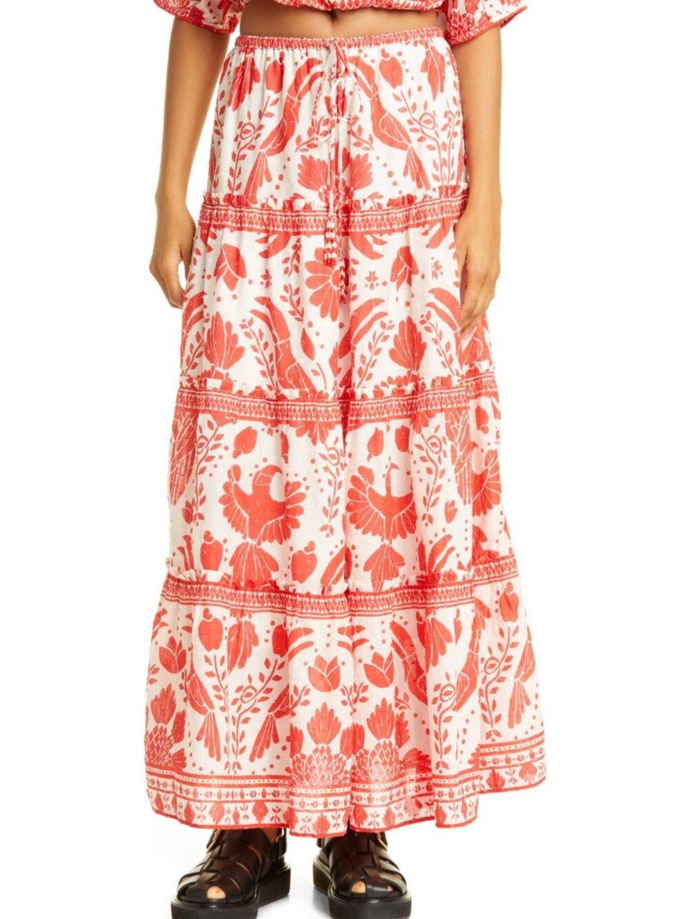 FARM Rio Jungle Flow Cotton Maxi Skirt Floral Red White Size Medium